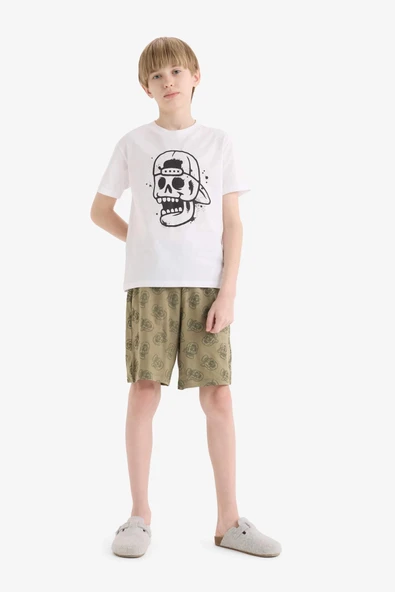 Defacto E0019 Beyaz Erkek Çocuk Pijama Takımı Baskılı Kısa Kollu Üst Beli Lastikli Şort ürün görseli 1