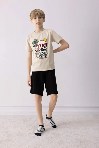 Defacto E0159 Bej Erkek Çocuk Pijama Takımı Baskılı Kısa Kollu Üst Şort ürün görseli 1