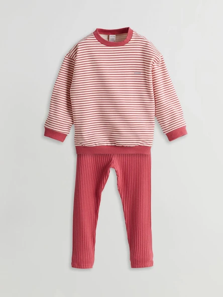 LCW baby Pembe Çizgili Kız Bebek Sweatshirt ve Tayt 2'li ürün görseli 1