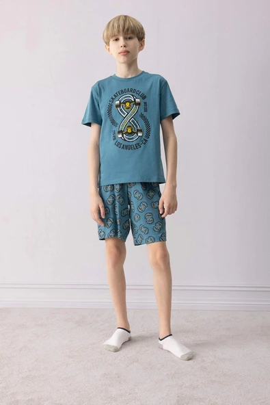 Defacto D9989 Mavi Erkek Çocuk Pijama Takımı Baskılı Kısa Kollu Üst Desenli Şort ürün görseli 1