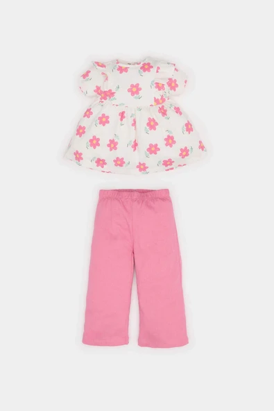 Defacto E8441 Ekru Kız Bebek 2'li Takım Çiçekli Kısa Kollu Bluz Beli Lastikli Pantolon ürün görseli 1