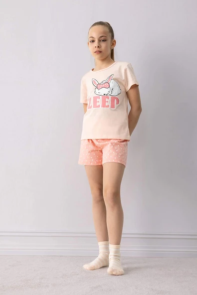 Defacto E6227 Pembe Kız Çocuk Pijama Takımı Baskılı Kısa Kollu Üst Esnek Belli Şort ürün görseli 1