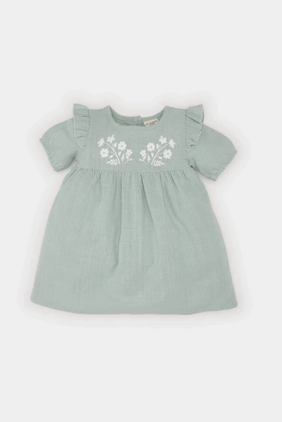 Defacto E5815 Yeşil Kız Bebek Kısa Kollu Flamlı Poplin Elbise ürün görseli 1
