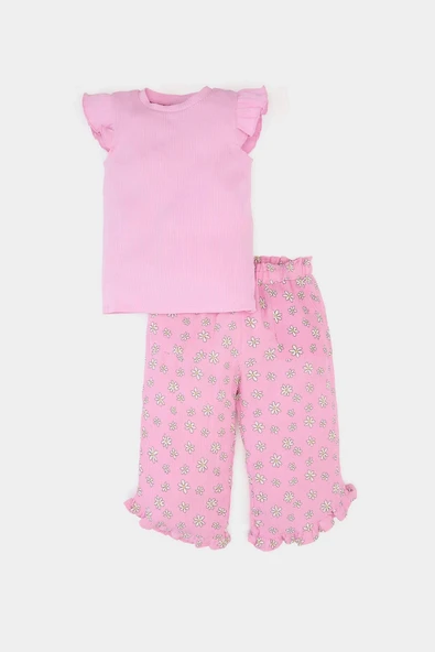 Defacto E7798 Pembe Kız Bebek Krinkıl Viskon 2'li Takım Kısa Kollu Tişört Beli Lastikli Çiçekli Pantolon ürün görseli 1