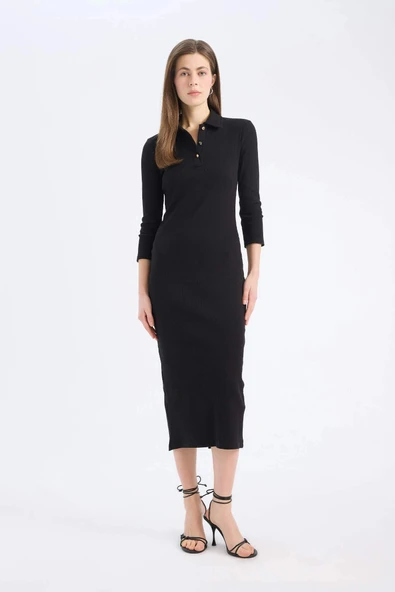 Defacto E2245 Siyah Bodycon Vücudu Saran Polo Yaka Basic Düz Fitilli Kaşkorse Yarım Kollu Midi Elbise ürün görseli 1