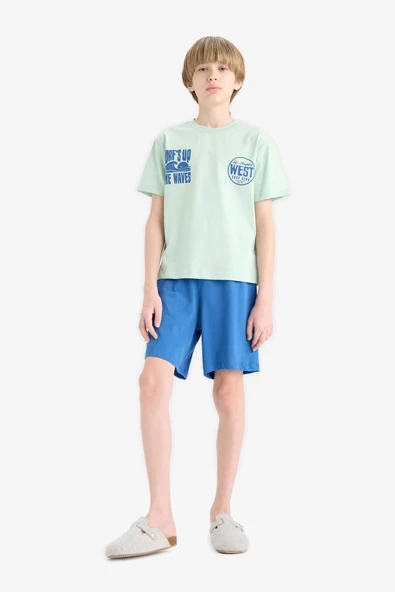 Defacto E6651 Turkuaz Erkek Çocuk Pijama Takımı Baskılı Kısa Kollu Tişört Beli Lastikli Şort ürün görseli 1