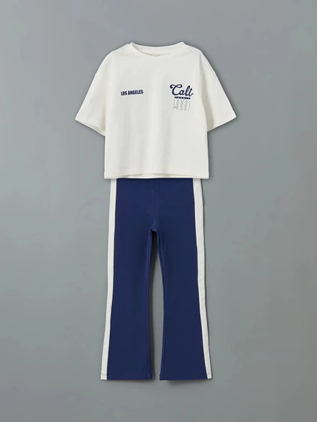 LCW Kids Ekru Los Angeles Baskılı Kız Çocuk Tişört ve Eşofman Altı ürün görseli 1