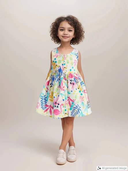 LCW Kids Ekru Bisiklet Yaka Çiçekli Poplin Kız Bebek Elbise ürün görseli 1