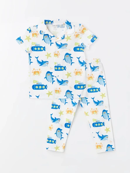 LCW baby Ekru Polo Yaka Kısa Kollu  Baskılı Erkek Bebek Pijama Takımı ürün görseli 1