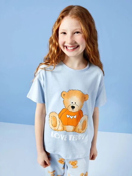 LCW Kids Mavi Bisiklet Yaka Baskılı Kısa Kollu Kız Çocuk Pijama Takımı ürün görseli 1