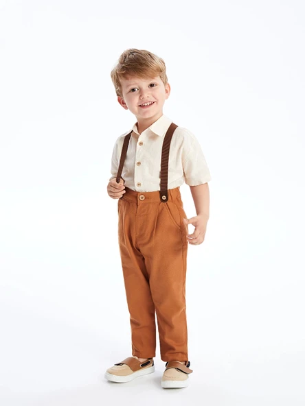 LCW Kids Bej Kısa Kollu Erkek Bebek Gömlek Pantolon ve Pantolon Askısı 3'lü Takım ürün görseli 1