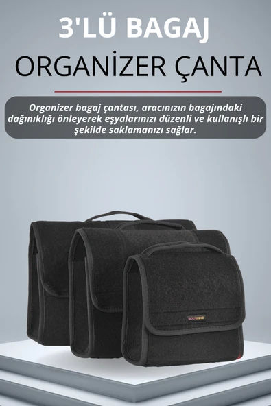 MİRCEM Oto Bagaj Çantası 3'lü (S,M,L) Cırtlı Keçe Kumaş - Geniş Hacimli,Dayanıklı,Araç İçi Düzenleyici | A5 ürün görseli 1