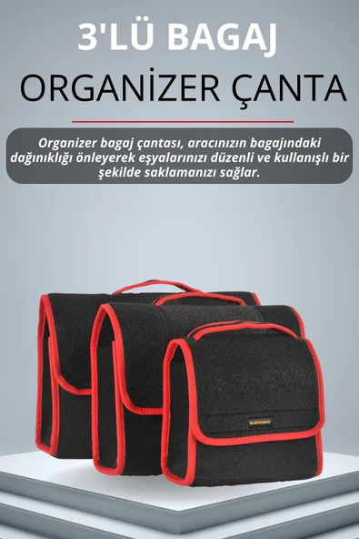MİRCEM Oto Bagaj Çantası 3'lü (S,M,L) Cırtlı Keçe Kumaş - Geniş Hacimli,Dayanıklı,Araç İçi Düzenleyici | A3 ürün görseli 1
