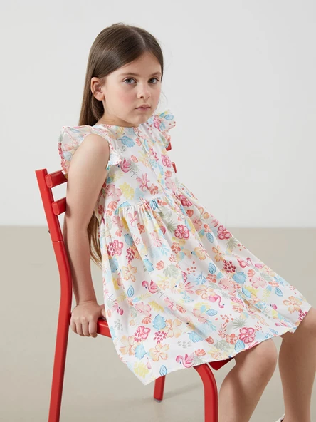 LCW Kids Ekru Bisiklet Yaka Çiçekli Kız Çocuk Poplin Elbise ürün görseli 1