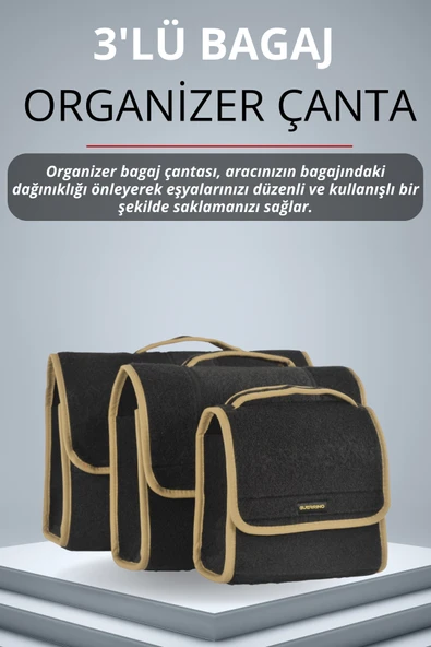 MİRCEM Oto Bagaj Çantası 3'lü (S,M,L) Cırtlı Keçe Kumaş - Geniş Hacimli,Dayanıklı,Araç İçi Düzenleyici | A1 ürün görseli 1