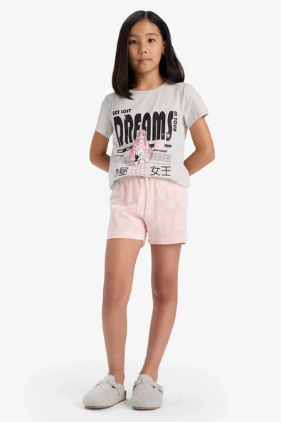 Defacto E0545 Gri Kız Çocuk Pijama Takımı Baskılı Kısa Kollu Üst Desenli Şort ürün görseli 1