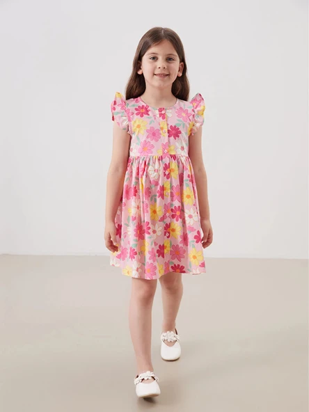 LCW Kids Pembe Bisiklet Yaka Çiçekli Kız Çocuk Poplin Elbise ürün görseli 1