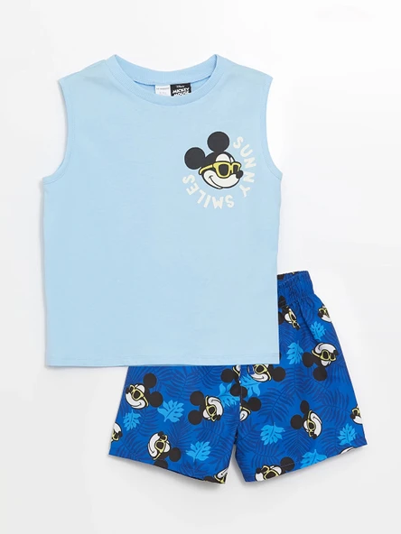 LCW Kids Mavi Bisiklet Yaka Kolsuz Mickey Mouse Baskılı Erkek Bebek Atlet ve Deniz Şortu 2'li Takım ürün görseli 1