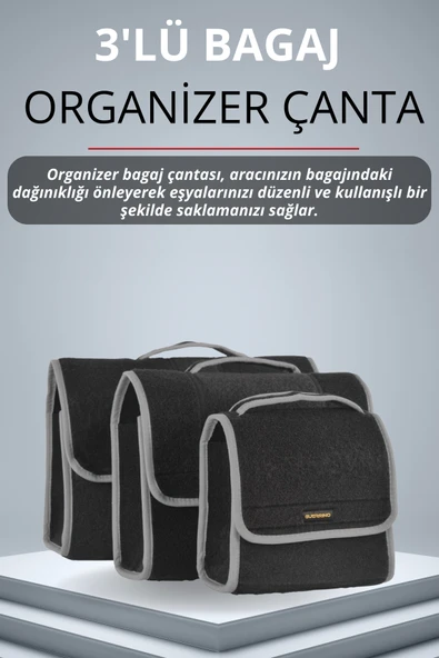 MİRCEM Oto Bagaj Çantası 3'lü (S,M,L) Cırtlı Keçe Kumaş - Geniş Hacimli,Dayanıklı,Araç İçi Düzenleyici | A2 ürün görseli 1