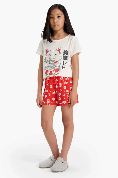 Defacto E0530 Ekru Kız Çocuk Pijama Takımı Baskılı Kısa Kollu Üst Desenli Şort ürün görseli 1