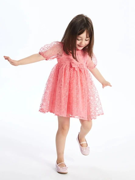 LCW Kids Pembe Bisiklet Yaka Kısa Kollu Dantel Kız Bebek Elbise ürün görseli 1
