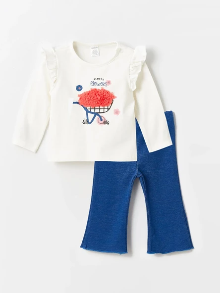 LCW baby Ekru Bisiklet Yaka Uzun Kollu Baskılı Kız Bebek Bluz ve Tayt Pantolon 2'li Takım ürün görseli 1