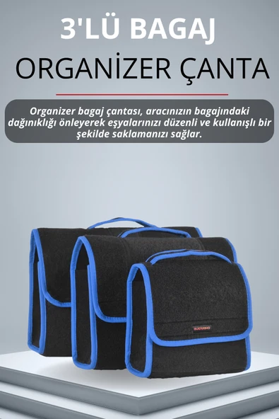 MİRCEM Oto Bagaj Çantası 3'lü (S,M,L) Cırtlı Keçe Kumaş - Geniş Hacimli,Dayanıklı,Araç İçi Düzenleyici | A4 ürün görseli 1