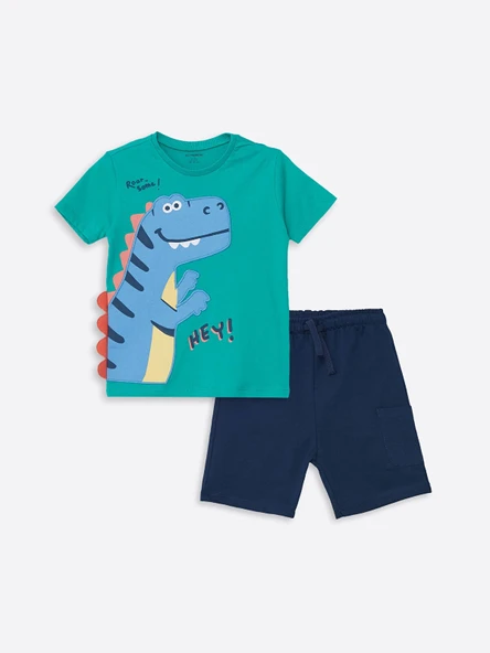 LCW Kids Yeşil Bisiklet Yaka Kısa Kollu Nakışlı Erkek Bebek Tişört ve Şort 2'li Takım ürün görseli 1