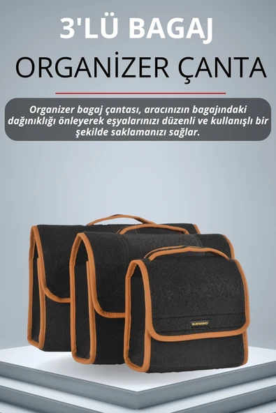 MİRCEM Oto Bagaj Çantası 3'lü (S,M,L) Cırtlı Keçe Kumaş - Geniş Hacimli,Dayanıklı,Araç İçi Düzenleyici | A6 ürün görseli 1