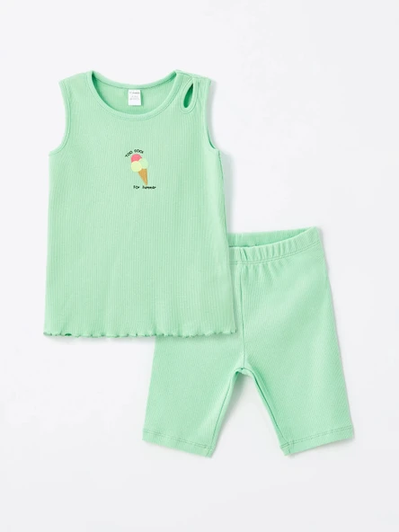 LCW Kids Yeşil Bisiklet Yaka Kız Bebek Bluz ve Şort 2'li Takım ürün görseli 1