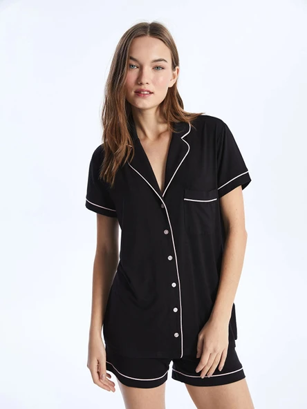 LCW DREAM Siyah Gömlek Yaka Düz Kısa Kollu Kadın Şortlu Pijama Takımı ürün görseli 1