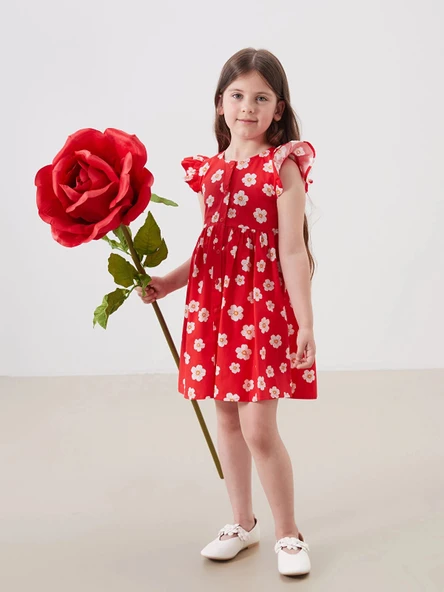 LCW Kids Kirmizi Bisiklet Yaka Çiçekli Kız Çocuk Poplin Elbise ürün görseli 1