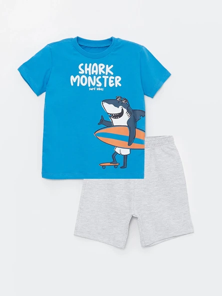 LCW Kids Mavi Bisiklet Yaka Baskılı Erkek Bebek Tişört ve Şort 2'li Takım ürün görseli 1