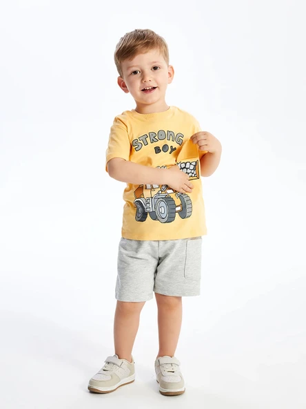 LCW Kids Turuncu Bisiklet Yaka Kısa Kollu Baskılı Erkek Bebek Tişört ve Şort 2'li Takım ürün görseli 1