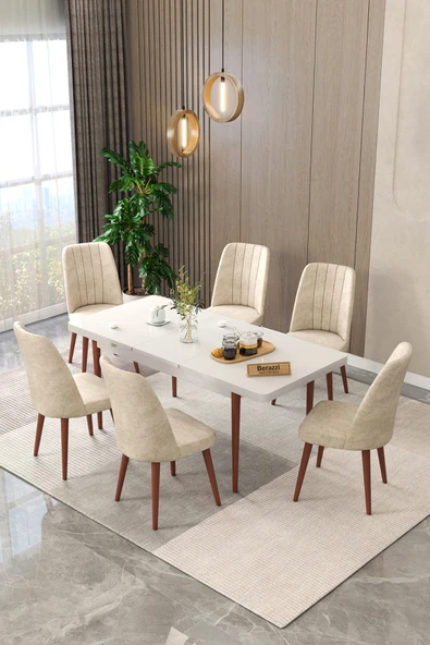 Maholandin Beyaz 80x130 Açılır Mutfak Masası , Mutfak Masa Takımı Ayaklı 6 Sandalye Beyaz x bej ürün görseli 1