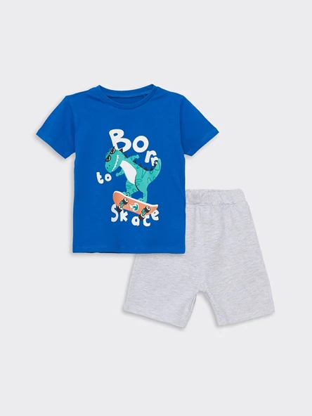 LCW Kids Mavi Bisiklet Yaka Baskılı Erkek Bebek Tişört ve Şort 2'li Takım ürün görseli 1
