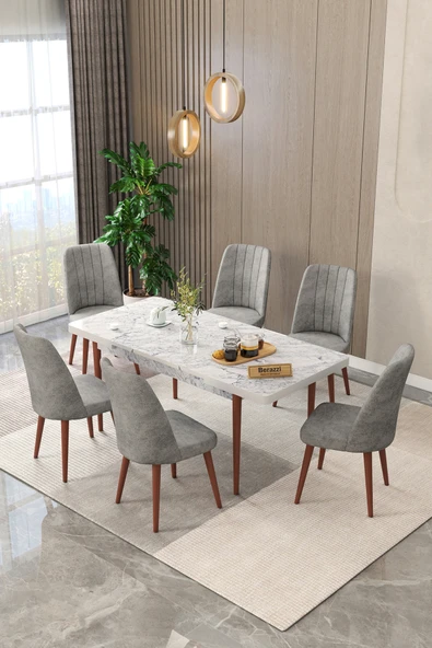Maholandin Mermer 80x130 Açılır Yemek Masası , Yemek Masa Takımı Metal Ayaklı 6 Sandalye Beyaz mermer x Antrasit ürün görseli 1