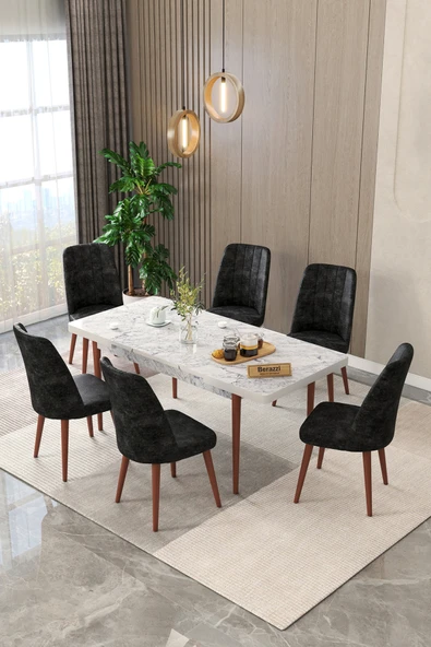 Maholandin Mermer 80x130 Açılır Yemek Masası , Yemek Masa Takımı Metal Ayaklı 6 Sandalye Beyaz mermer x Siyah ürün görseli 1