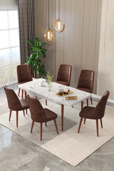 Maholandin Mermer 80x130 Açılır Yemek Masası , Yemek Masa Takımı Metal Ayaklı 6 Sandalye Beyaz mermer x Kahve ürün görseli 1