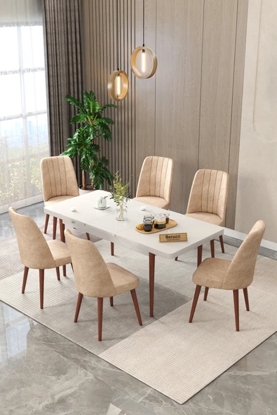 Maholandin Beyaz 80x130 Açılır Mutfak Masası , Mutfak Masa Takımı Ayaklı 6 Sandalye Beyaz x cappucino ürün görseli 1