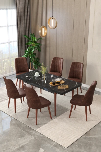Maholandin Siyah 80x130 Açılır Yemek Masası , Yemek Masa Takımı Metal Ayaklı 6 Sandalye Siyah x Kahve ürün görseli 1
