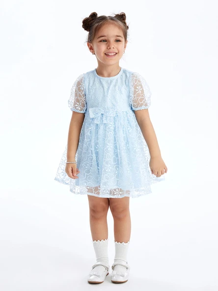 LCW Kids Mavi Bisiklet Yaka Kısa Kollu Dantel Kız Bebek Elbise ürün görseli 1