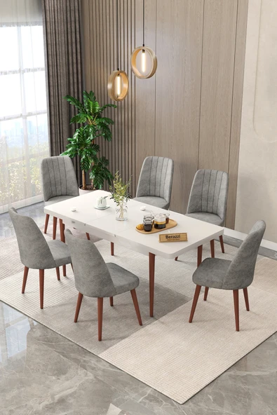 Maholandin Beyaz 80x130 Açılır Mutfak Masası , Mutfak Masa Takımı Ayaklı 6 Sandalye Beyaz x antrasit ürün görseli 1