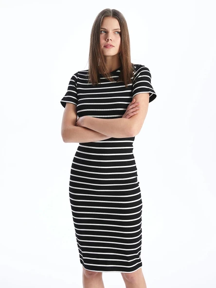 XSIDE Siyah Bisiklet Yaka Çizgili Kısa Kollu Kadın Bodycon Elbise ürün görseli 1