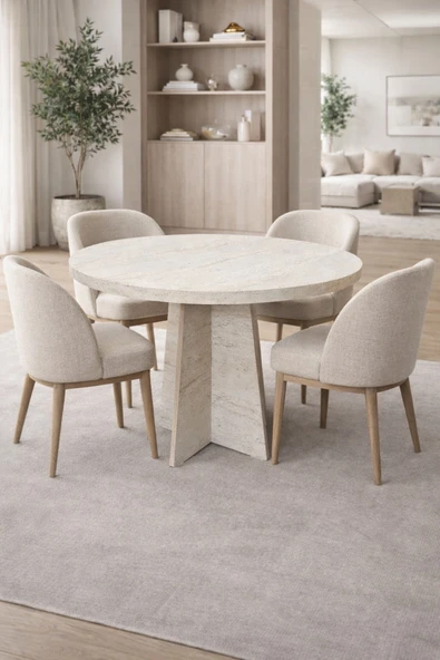 Maholandin Traverten 4 kişilik 90x90 kalınlaştırmalı Lüx Yuvarlak masa Traverten ürün görseli 1