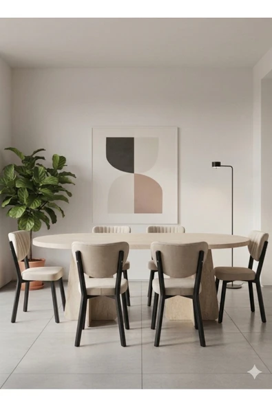 Maholandin İskandinav,modern,bohem Oval Yemek Masası 6 Kişilik traverten renk (160x90 kalın tabla) sağlam metal Bej ürün görseli 1