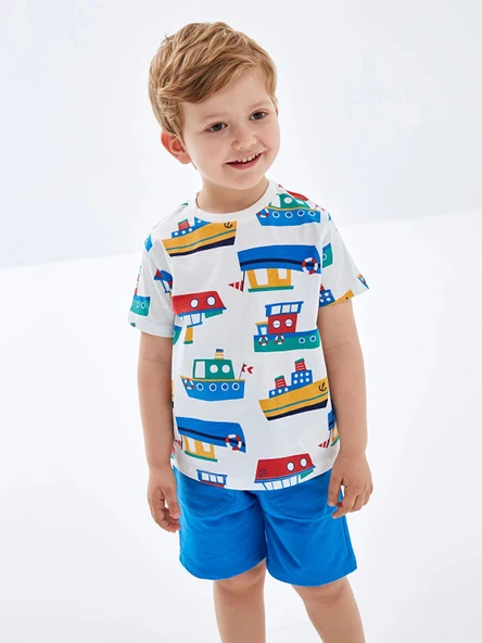 LCW Kids Ekru Bisiklet Yaka Kısa Kollu Baskılı Erkek Bebek Tişört ve Şort 2'li Takım ürün görseli 1