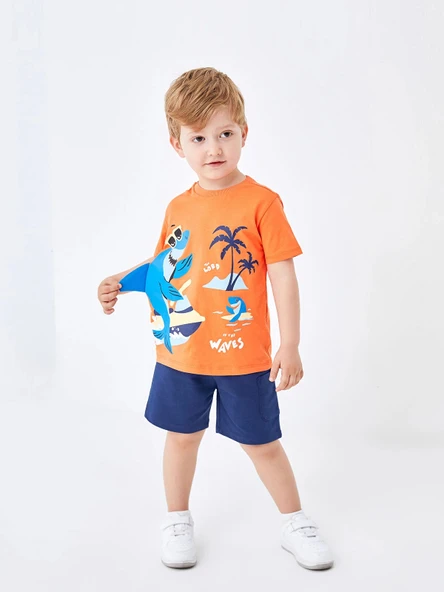 LCW Kids Turuncu Bisiklet Yaka Baskılı Erkek Bebek Tişört ve Şort 2'li Takım ürün görseli 1