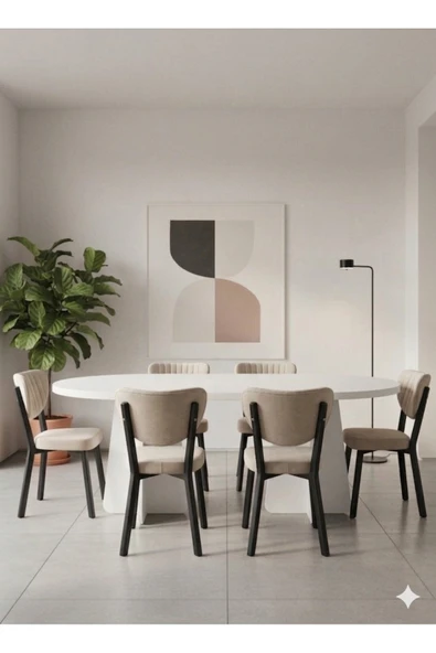 Maholandin İskandinav, modern Tarz Oval Yemek Masası 6 Kişilik traverten renk (160x90 kalın tabla)sağlam metal Beyaz ürün görseli 1
