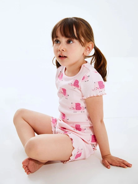 LCW baby Pembe Bisiklet Yaka Kız Bebek Şortlu Pijama Takımı ürün görseli 1